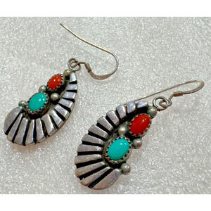 RB Navajo Sterling Silver Sleeping Beauty Turquoise Coral Earrings Signed 1.75"